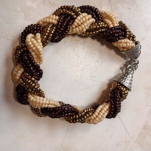 Braided Bead Bracelet in Cream, Brown, and Gold